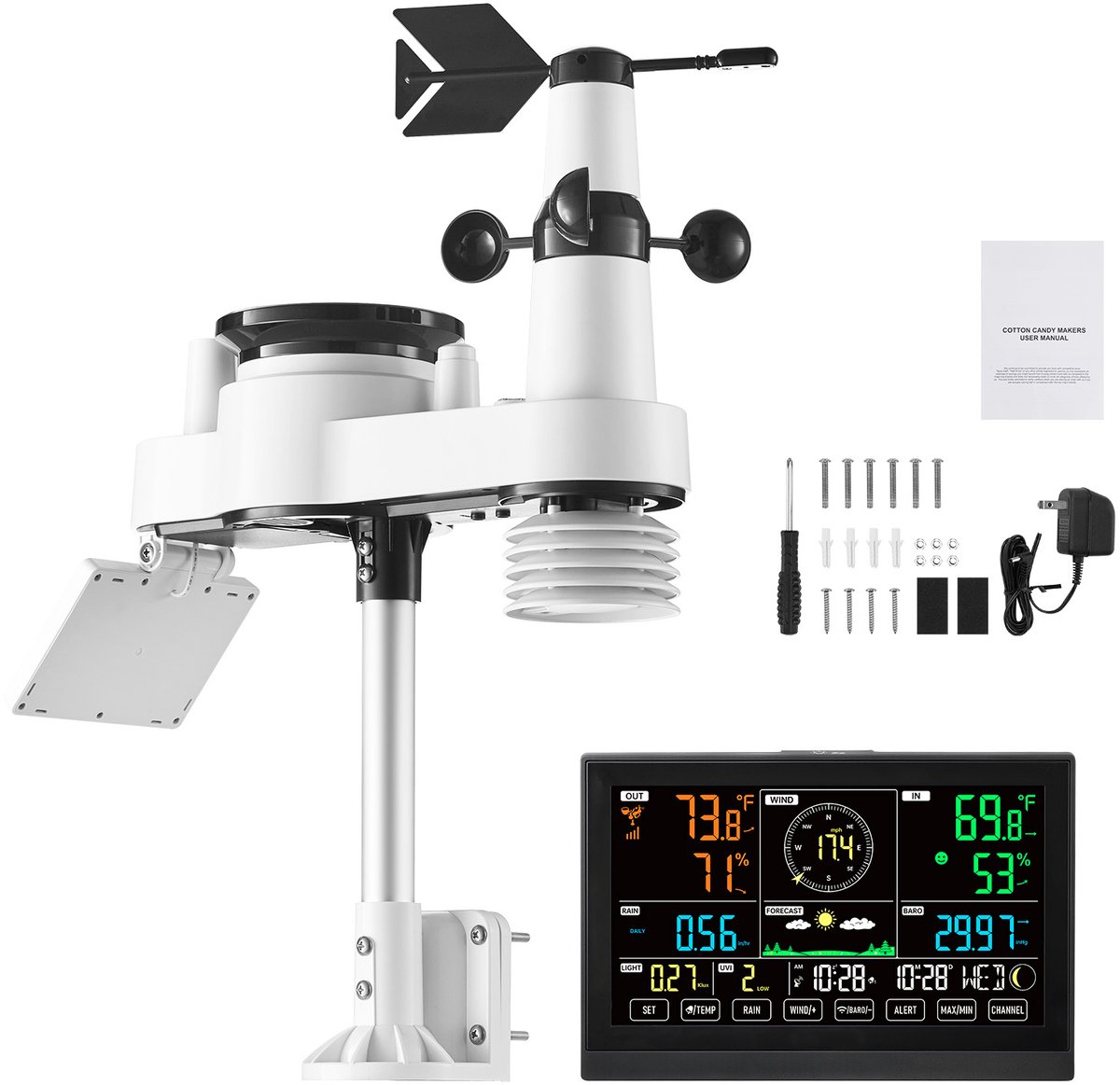 7-In-1 Draadloos Weerstation met 7,5-inch Scherm, Zonne-Energie Aangedreven Buitensensor, Regenmeter, Geschikt voor Weersvoorspelling, Temperatuur, Luchtvochtigheid, Windsnelheid en Windrichting (Zonder Wifi)