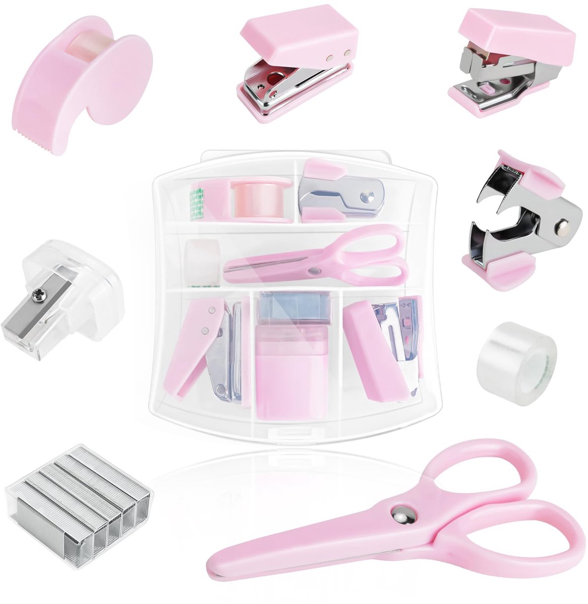 8-delige set kantooraccessoires, mini-kantoorbenodigdheden, inclusief nietjes, 500 nietjes, nietjesverwijderaar, plakbandafroller, schaar, puntenslijper, plakband, perforator,