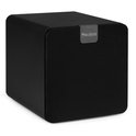 Zwarte Audizio SW80D subwoofer met afgeronde hoeken en grijze Audizio logo-clip aan de bovenkant.