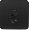 Achterkant van een zwarte Audizio SW80D subwoofer met aansluitingen: LED, Power, Aux Out, Line In, Volume, Low Pass, Phase en DC In.