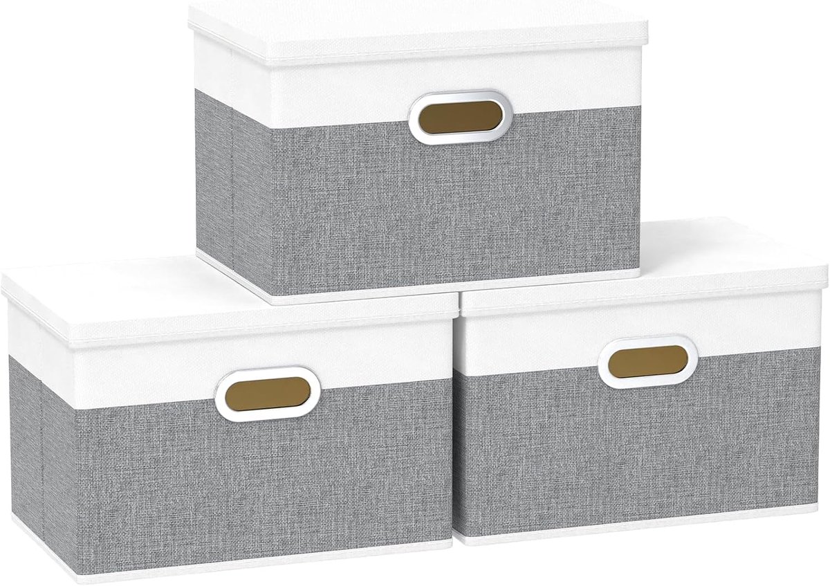 Opbergdozen met Deksel, Opvouwbare Opbergdoos, Stoffen Dozen, Wasbaar, voor Slaapkamer, Kledingopbergvak, 45x30x30cm, Wit/Grijs, 3-Pak, SNK023WGX-3
