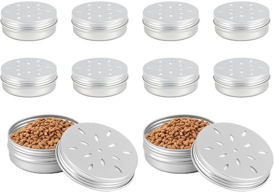 Set van 10 zilveren aluminium doosjes, waarvan twee gevuld met droogvoer voor honden.