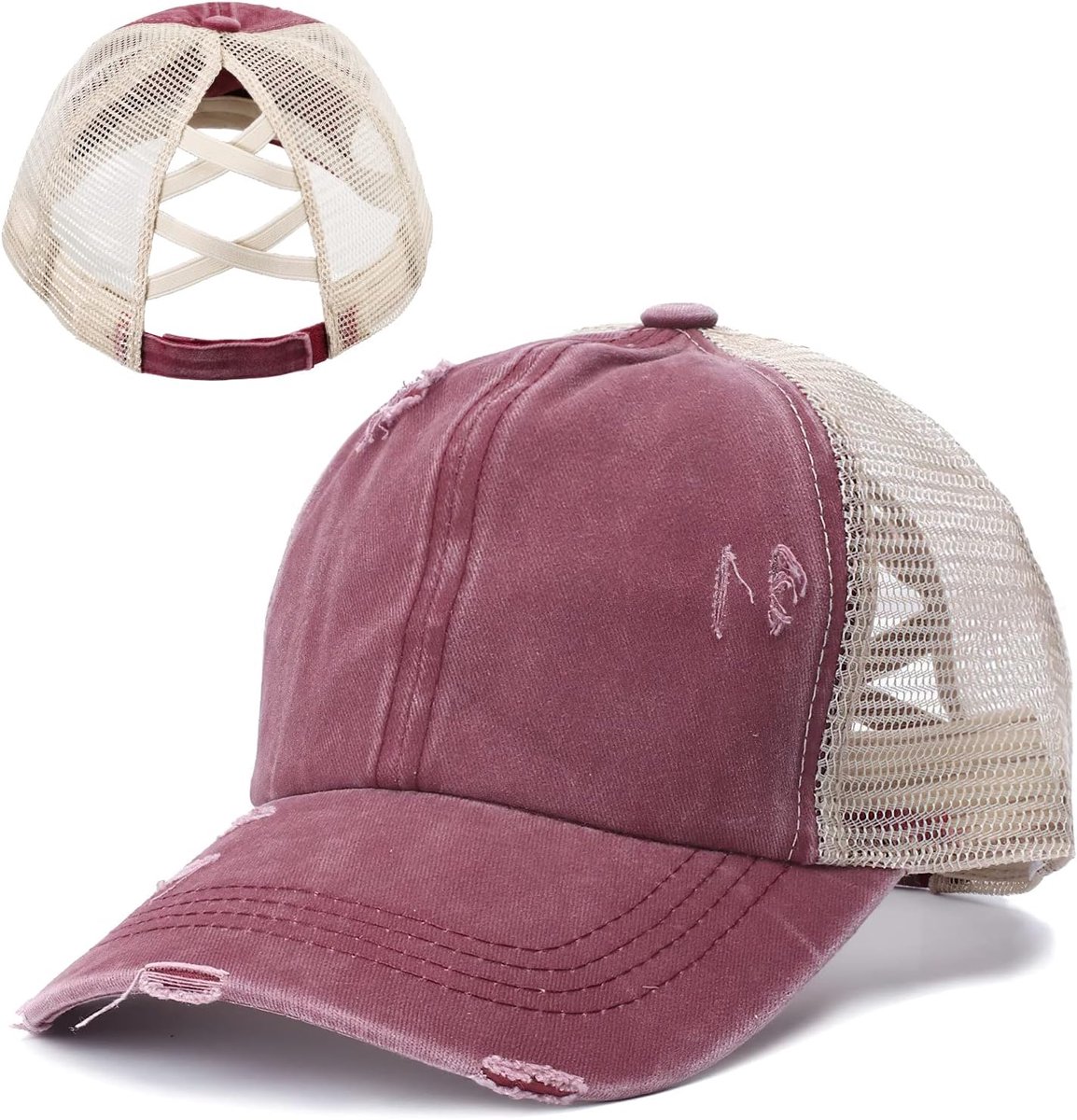 Dames Criss Cross Paardenstaart Hoed Vintage Mesh Baseball Cap Unisex Verstelbare Verontruste Paardenstaart Rommelige Bun Ponycap Gewassen Trucker Hoed, Wind Rine, One size
