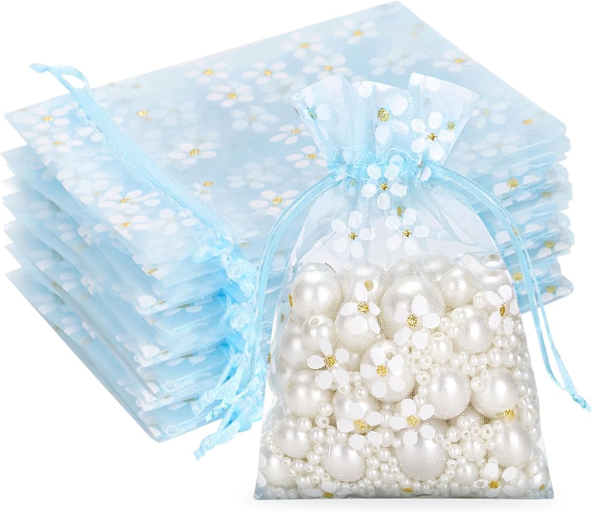 10 x 12 cm organza zakjes met madeliefjespatroon: 30 stuks babyblauwe geschenkzakjes met trekkoord, kleine organzazakjes voor huwelijksgeschenken, sieraden, parfum, cadeautjes