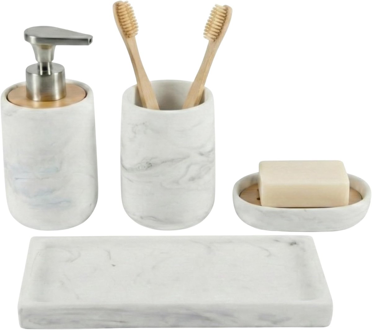 Badkameraccessoires Set 4-delig met Dienblad - Zeepdispenser (Zinklegering Pomp), Beker, Zeepschaaltje en Organizer Dienblad - Marmerlook en Bamboe - Modern en Duurzaam