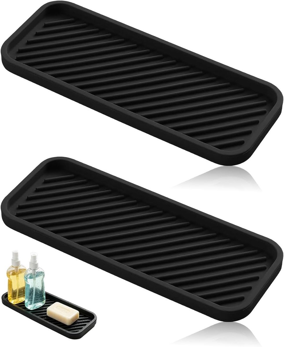 2 stuks Silicone Spülbecken Organizer, Keuken Organizer, Silicone Aftropfmatte Spüle Schnelltrocknend Spüle Schmal Silikonablage für Schwämme Seife (Zwart)