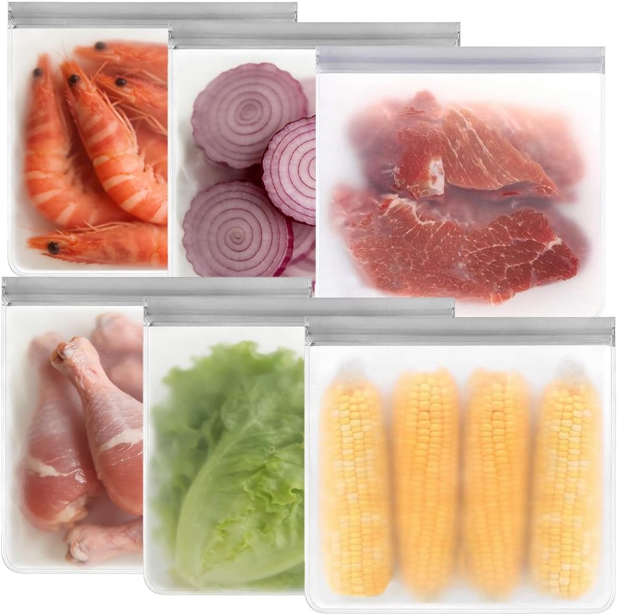 6 Stuks Herbruikbare Diepvrieszakken, Herbruikbare Vrieszakken | PEVA Siliconen Zak, Siliconen Diepvrieszakken, Siliconen Zak voor Levensmiddelen, het Bewaren van Groenten, Fruit, Snacks