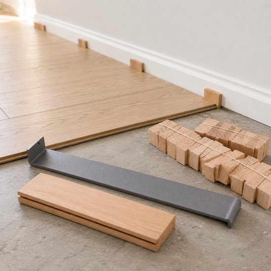 Laminaat vloerdelen met witte plint, laminaat legset met metalen trekijzer, houten aanslagblok en wiggen.