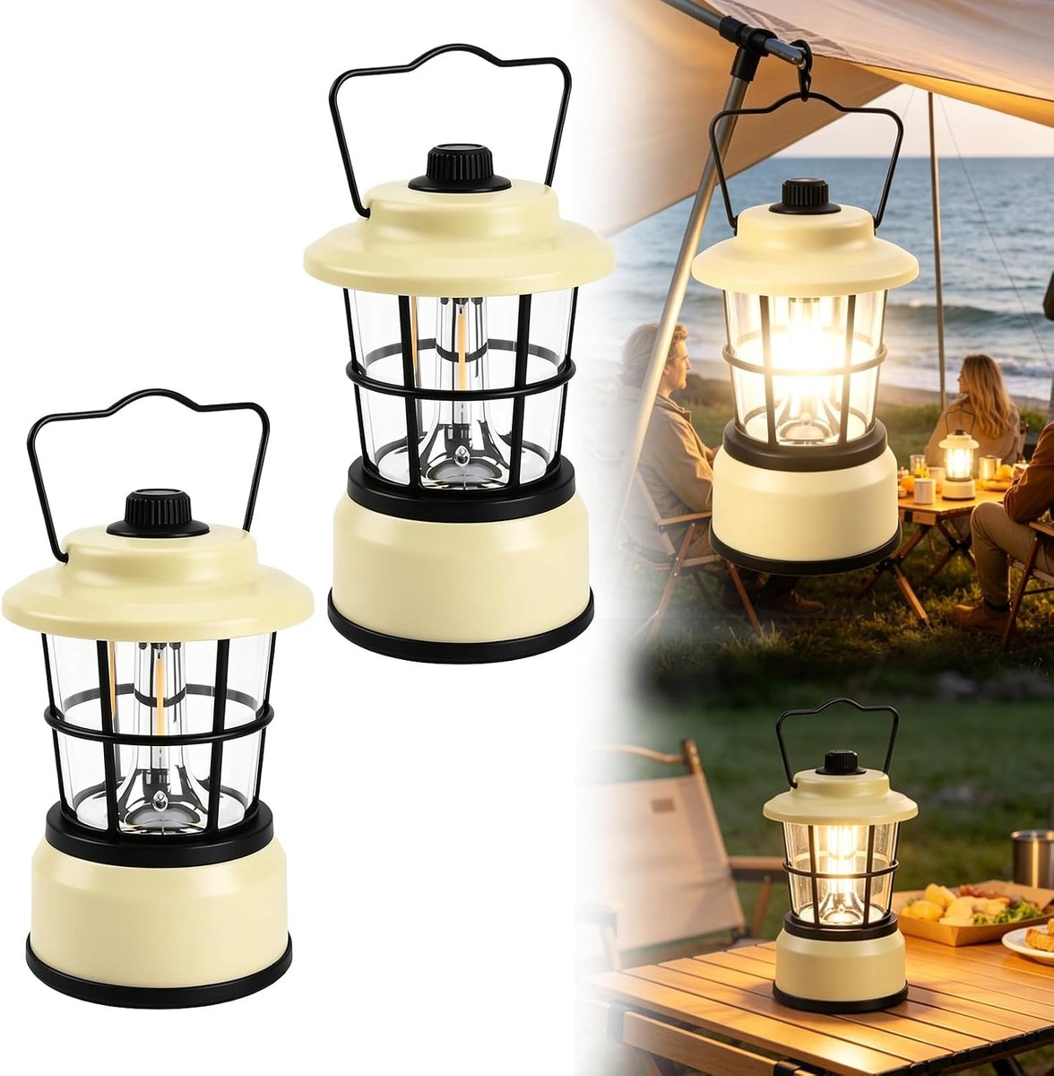 Dimbaar, 2 stuks, retro campinglamp, werkt op batterijen, 2 kleuren campinglantaarn, draagbare ultraheldere led-lantaarn, waterdichte campinghanglamp voor buiten (wit)