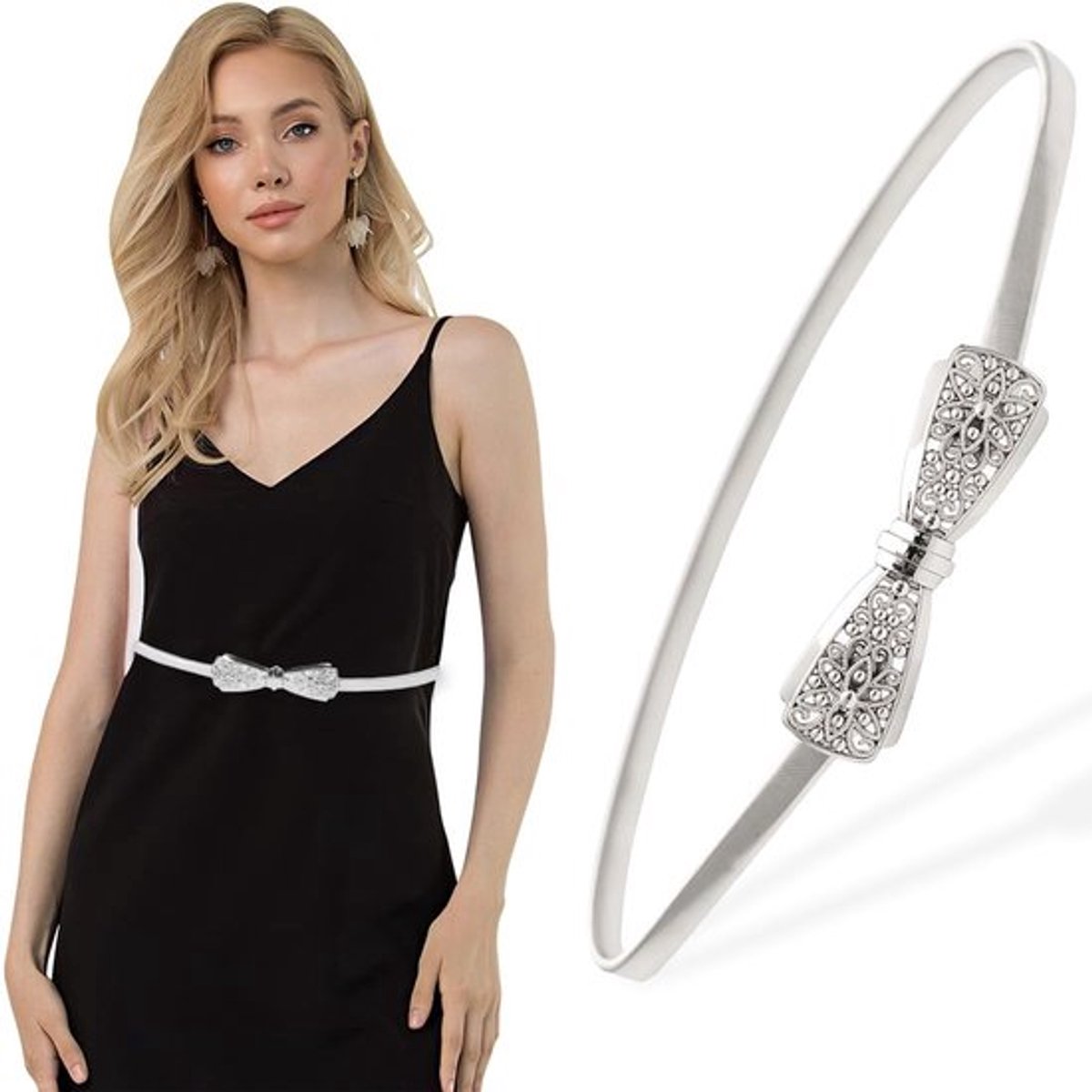 Damesriem - Modieuze Elastische Riem - Leren Riem - Zilveren Gesp - Metalen Korset - Elegante Look met Bloemenkralen