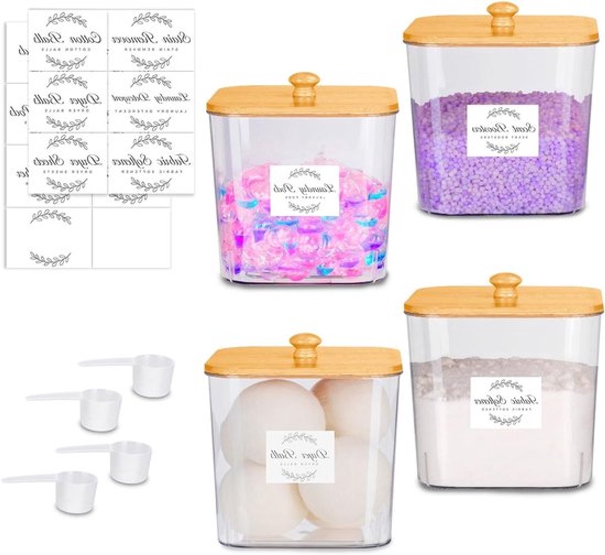 Multifunctionele Waspads Set van 4 met Deksel, Inclusief 16 Stickers en 4 Scheppen voor Wasmiddel, Wasparfum en Wasmiddelbladeren