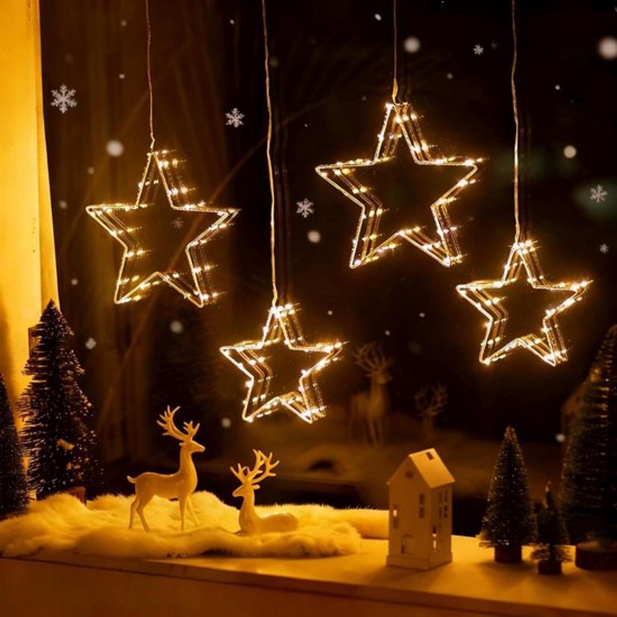 Ster Raamverlichting: Kerst Raamdecoratie 4 Sterren - Timer, Zuignappen, 20 LEDs