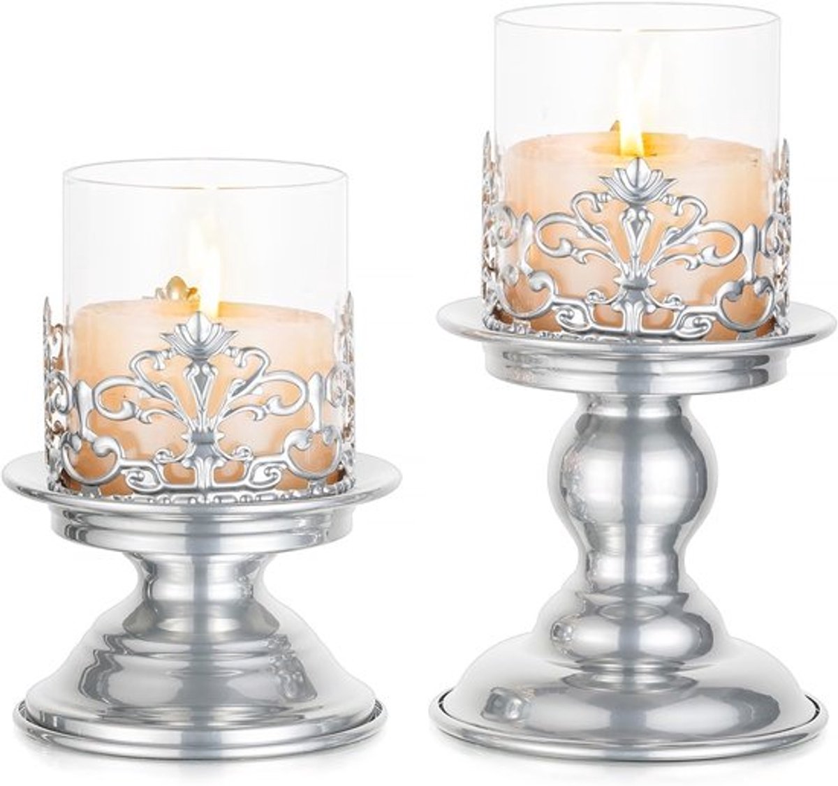 Pilaar Kaarshouder Set van 2 - Zilveren Kaarshouders met Hurricane Glas - Metalen Kaarshouder voor Kerst Decoratie - Geschikt voor Pijlerkaarsen