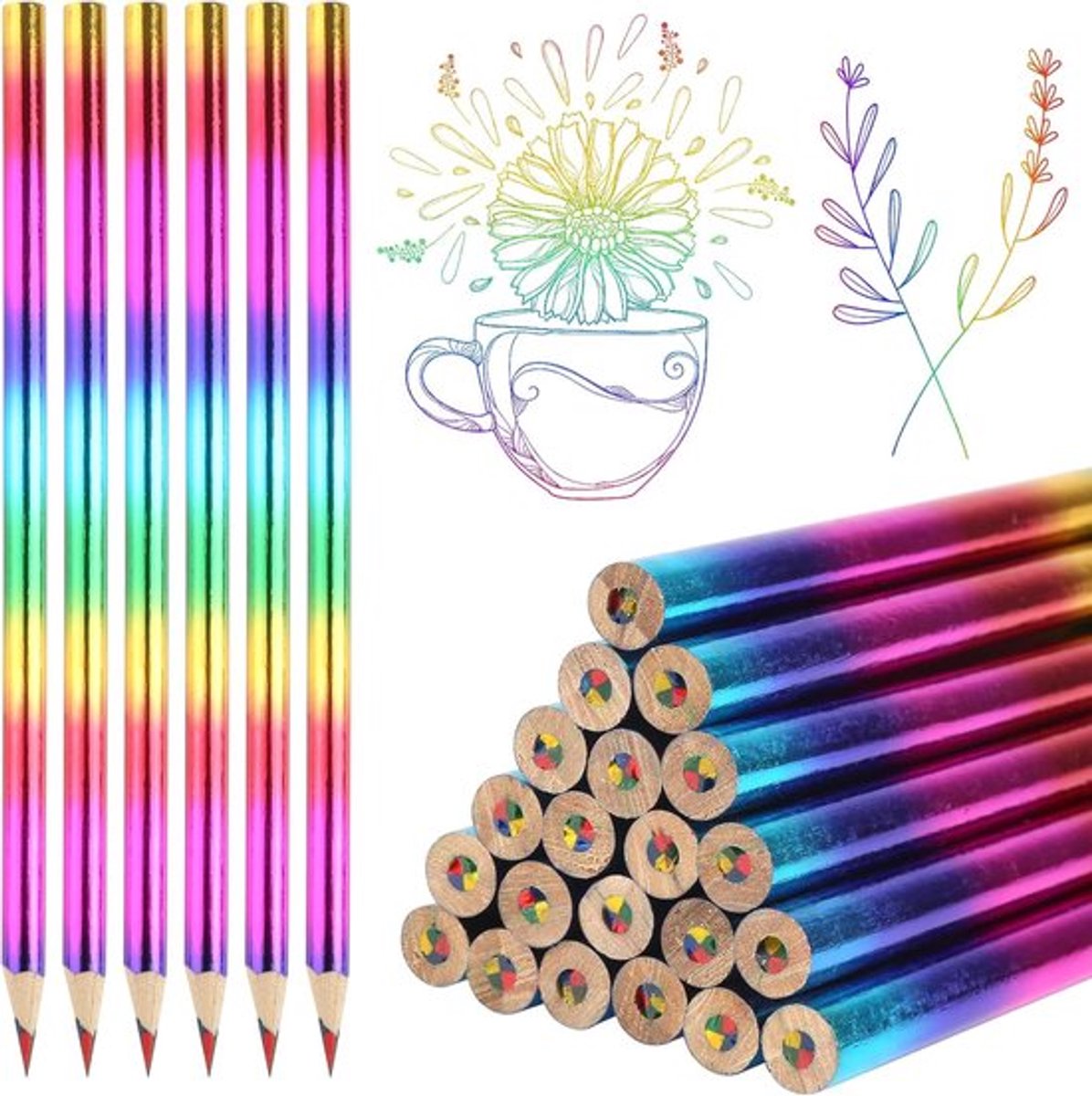 24 Regenboogpotloden - Kleurpotloden voor Kinderen, 4-in-1 Houten Stiften voor Kunst en Creativiteit