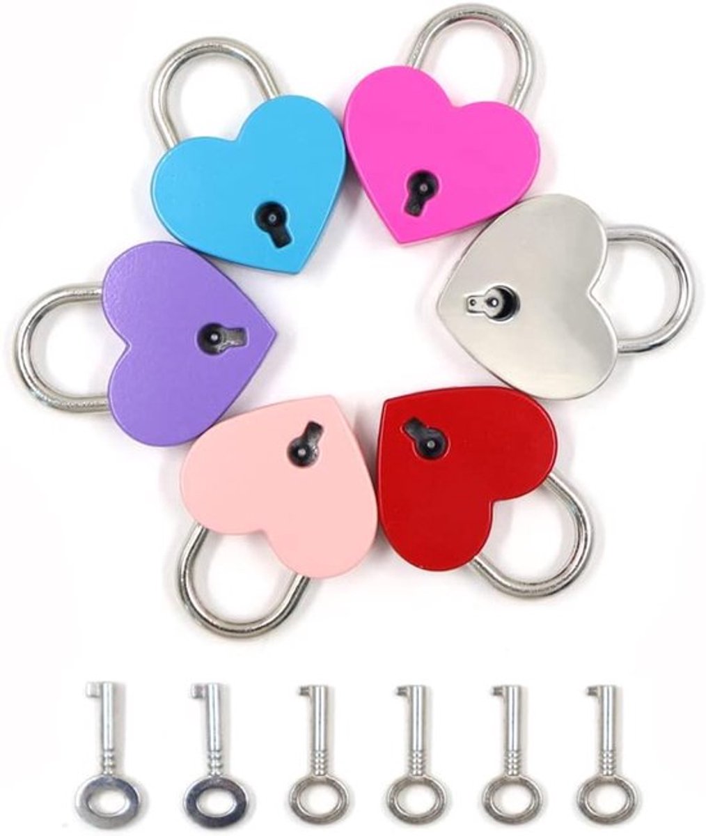 6 kleine metalen hangsloten met sleutels voor bagage dagboek juwelendoos - Set van 6 - Hartvormig ontwerp - Diverse kleuren
