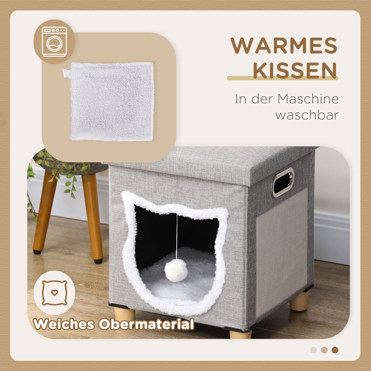 DESMIU Kattenhuis – Kattenhocker Met Krabmat En Speelbal – 35,5 x 35,5 x 42,5 cm – Polyester – Grijs – Met Kussen En Handgreep
