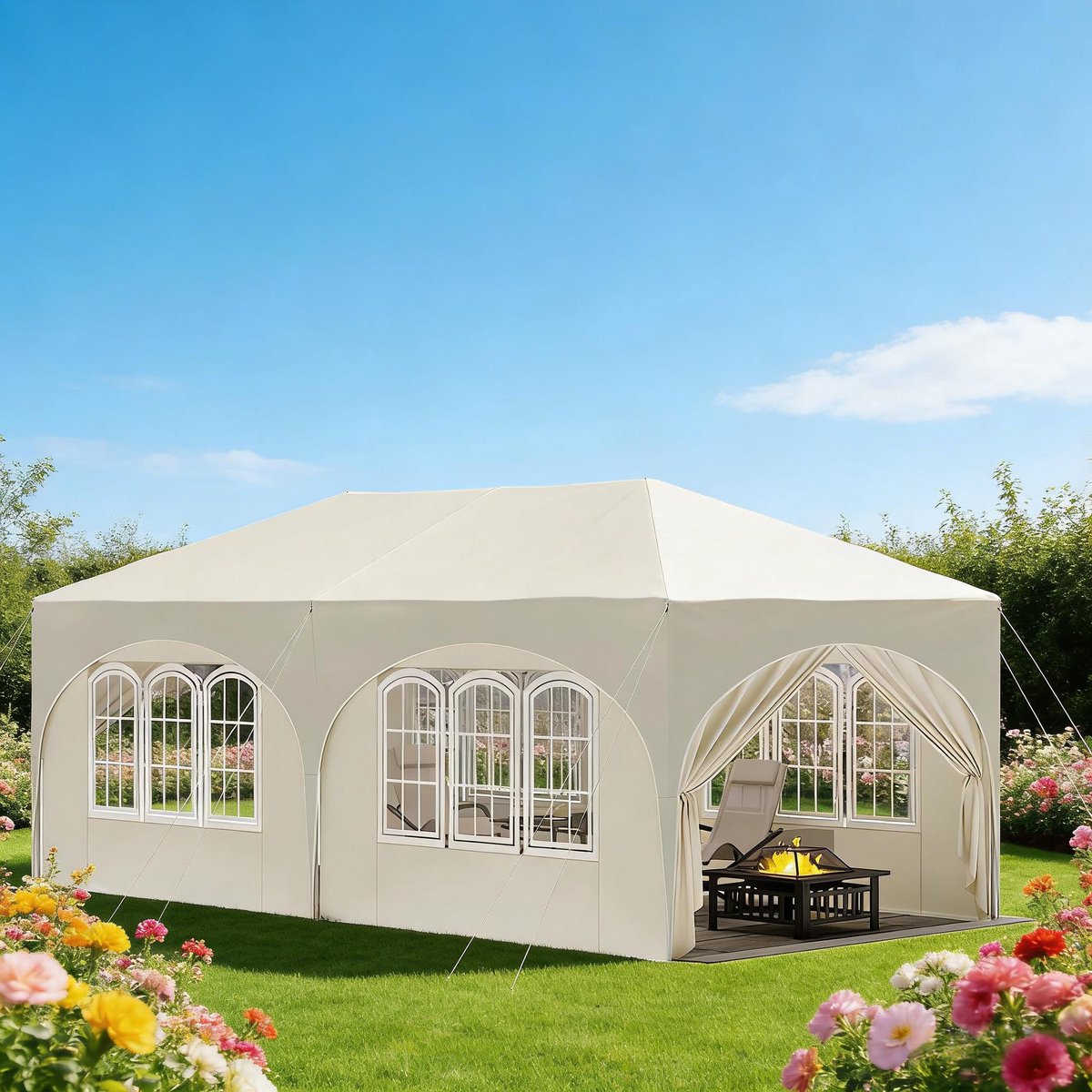 WOLTU Paviljoen Verstelbare Hoogte 3 x 6 M Metaal Beige Waterdicht Uv50 Plus 6 Afneembare Zijkanten Voor Tuin En Feest