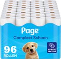 Page toiletpapier 96 rollen met de tekst 'Compleet Schoon' en een afbeelding van een puppy.