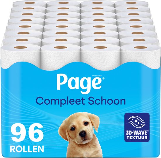 Page toiletpapier 96 rollen met de tekst 'Compleet Schoon' en een afbeelding van een puppy.