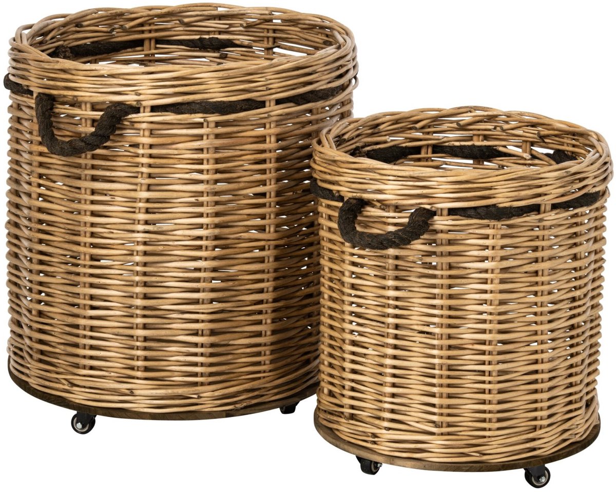J-Line Ronde bloempotten op wielen - riet - naturel/greige - set van 2