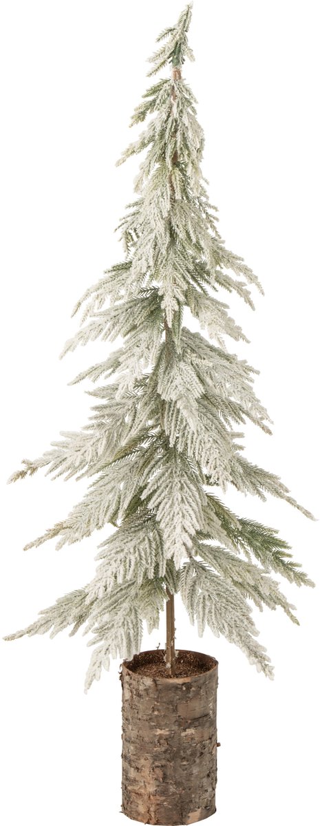 J-Line Besneeuwde kerstboom met houten voet - polyethyleen - wit/naturel - medium