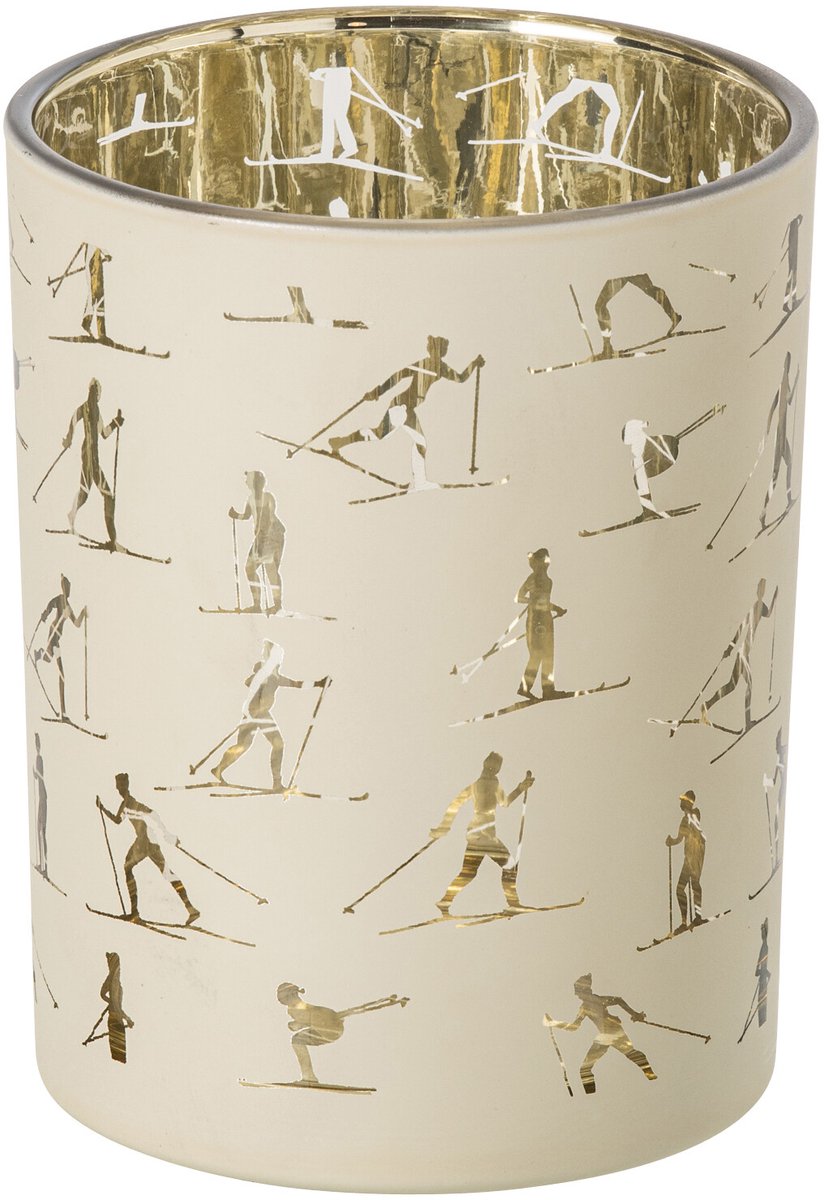 J-Line kaarshouder Skiers - glas - ecru/goud - medium - 2 stuks