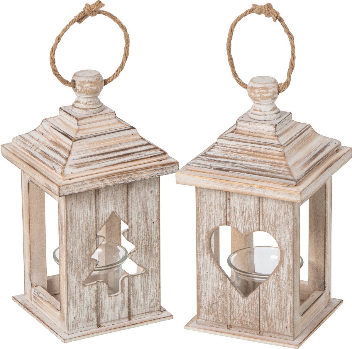 J-Line Lantaarn - dennenhout - beige - assortiment van 2