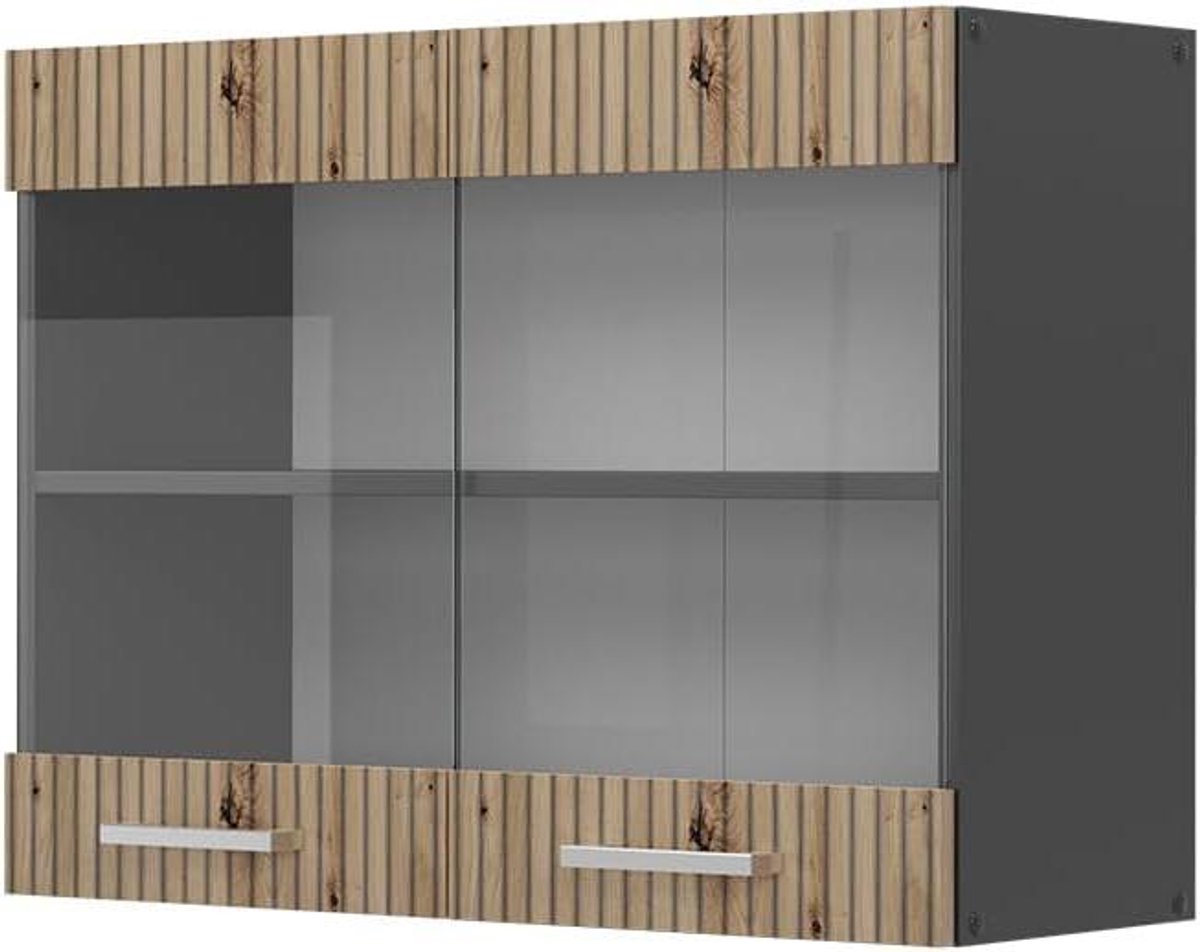 Keukenkastje Met Glas - Wandkast Keuken - Servies Opbergen - Stofvrije Opslag - 80 cm Breed - Eikenlook