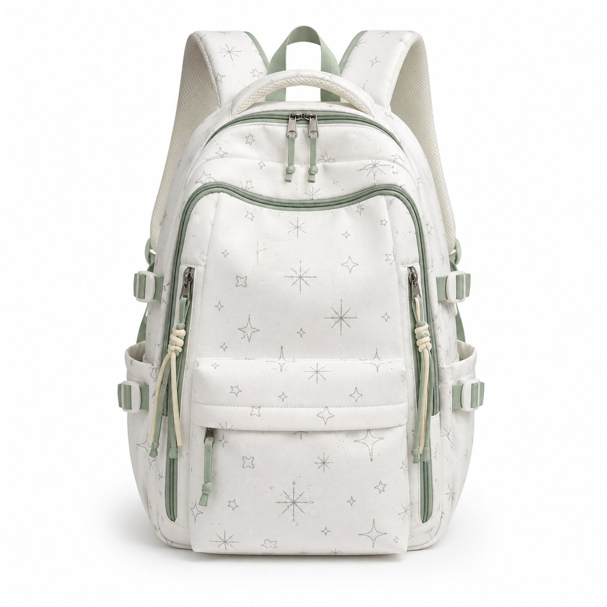 VHV - Rugzak - Lichtgewicht Schoolrugzak met Meerdere Vakken, Verstelbare Schouderbanden en Zijriemen - Nylon Dagrugzak 32 x 18 x 45 cm voor School, Studie, Werk en Dagelijks Gebruik - Wit/Groen met Sterrenprint
