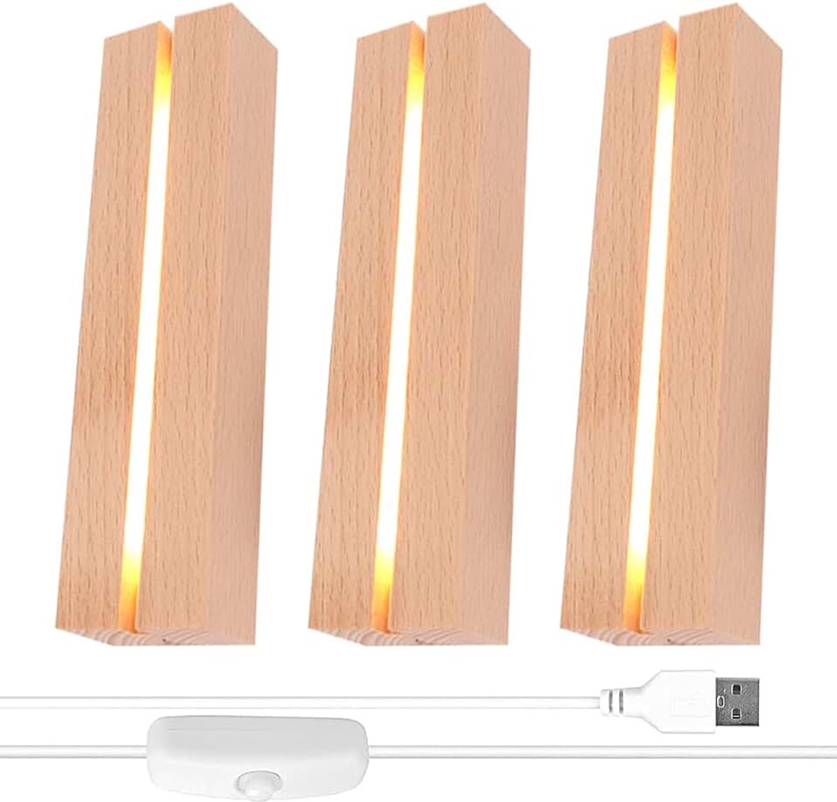 Tentoonstellingsstandaard voor ledlampen, 3 stuks led-displaybasis met USB, displaybasis voor ledlampen, houten sokkel voor 5 mm dikke acrylplaat en glasblok van hars