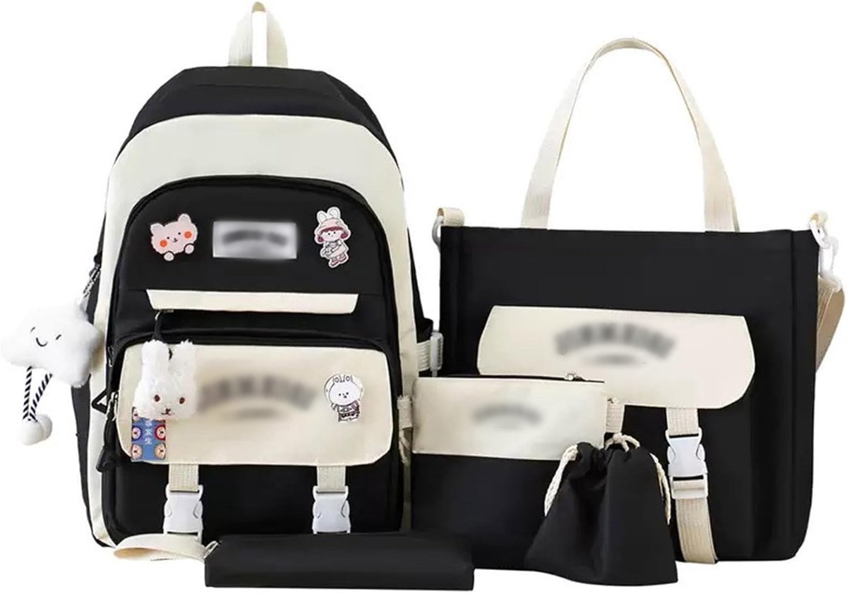 Schooltas - Kawaii Rugzakset - 5 Delig Combinatieset - met Lunchtas, Pennenzak en Handtas - met Accessoires en Konijnhanger - voor Tiener Meisjes - Zwart