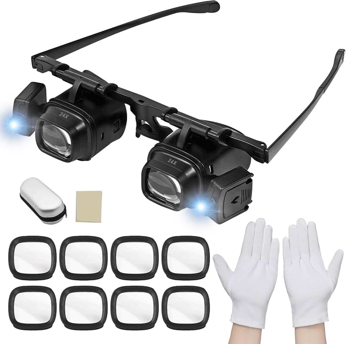 Vergrootbril met ledlicht, loepbril 2,0x, 6,0x, 8,0x, 12,0x, 24,0x, hoofdvergrootglas, leesbril met licht, geschikt voor juweliers, naaien, knutselen, lezen, hobby's, horlogemakersloep