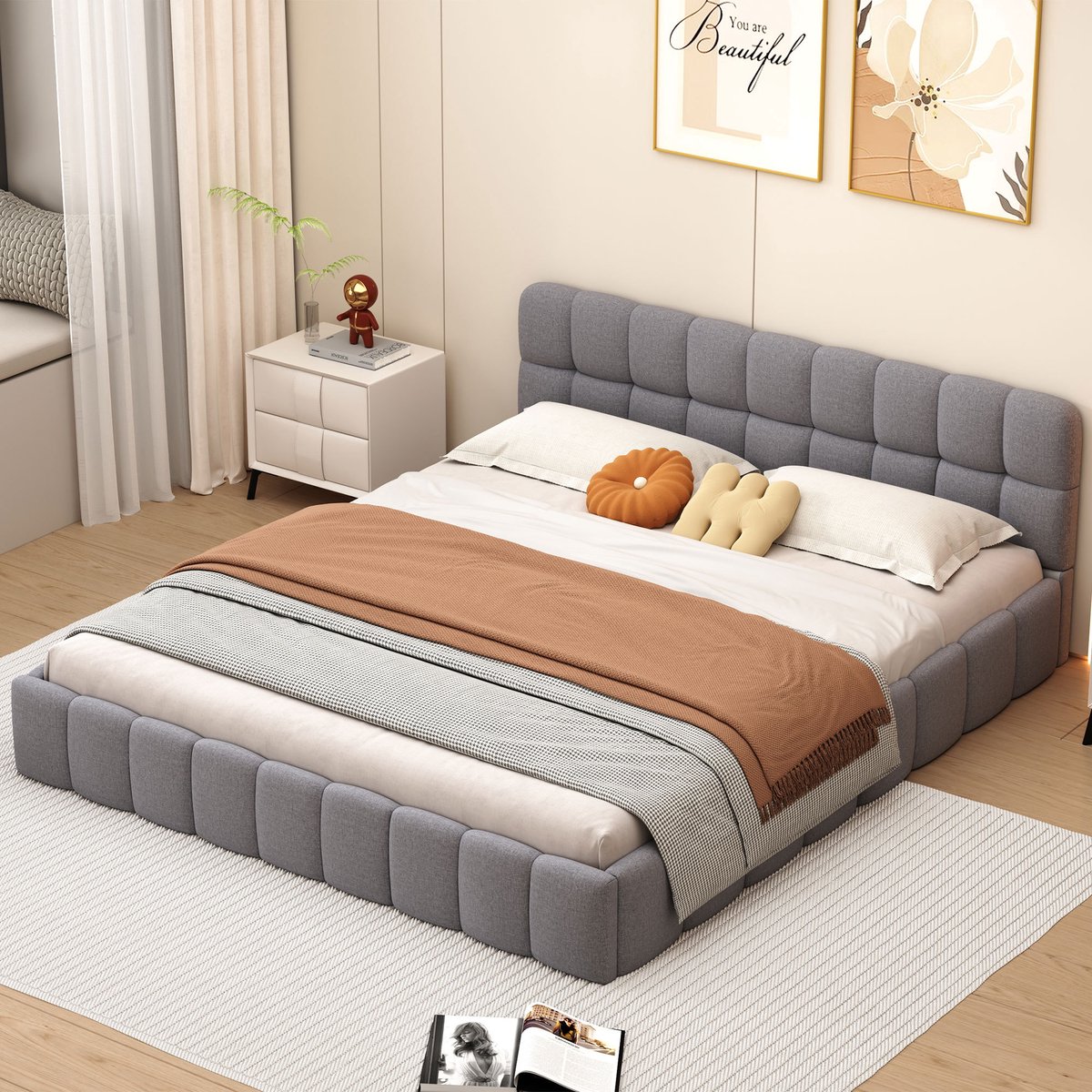 Tweepersoonsbed 160x200 cm, gestoffeerd linnen bed met lattenbodem, modern volwassen bed met elegant volant design, grijs, zonder matras