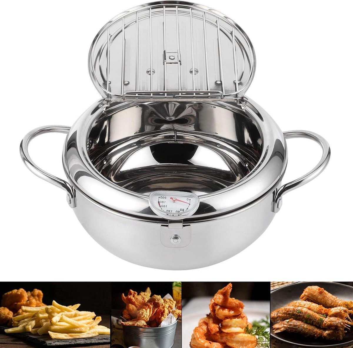 Japanse Frituurpan - Roestvrijstaal Kookpot - Frituren en Koken - Met Nauwkeurige Thermometer - 20 cm Diameter - Zilverkleurig