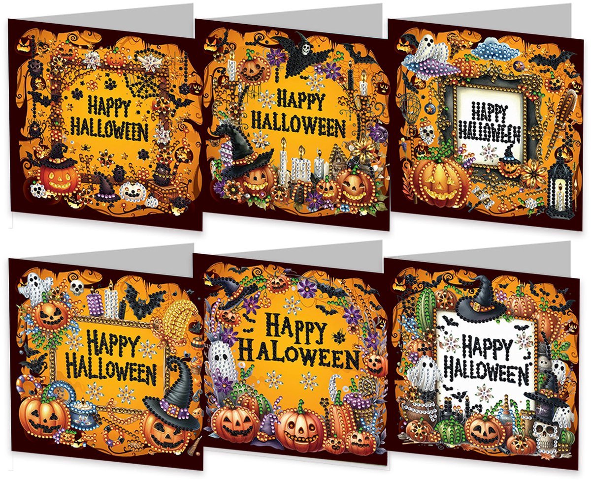 Casalora Diamond Painting kaarten - 6 Diamond Painting Wenskaarten - DIY Kaarten met Halloween, Enveloppen en Accessoires