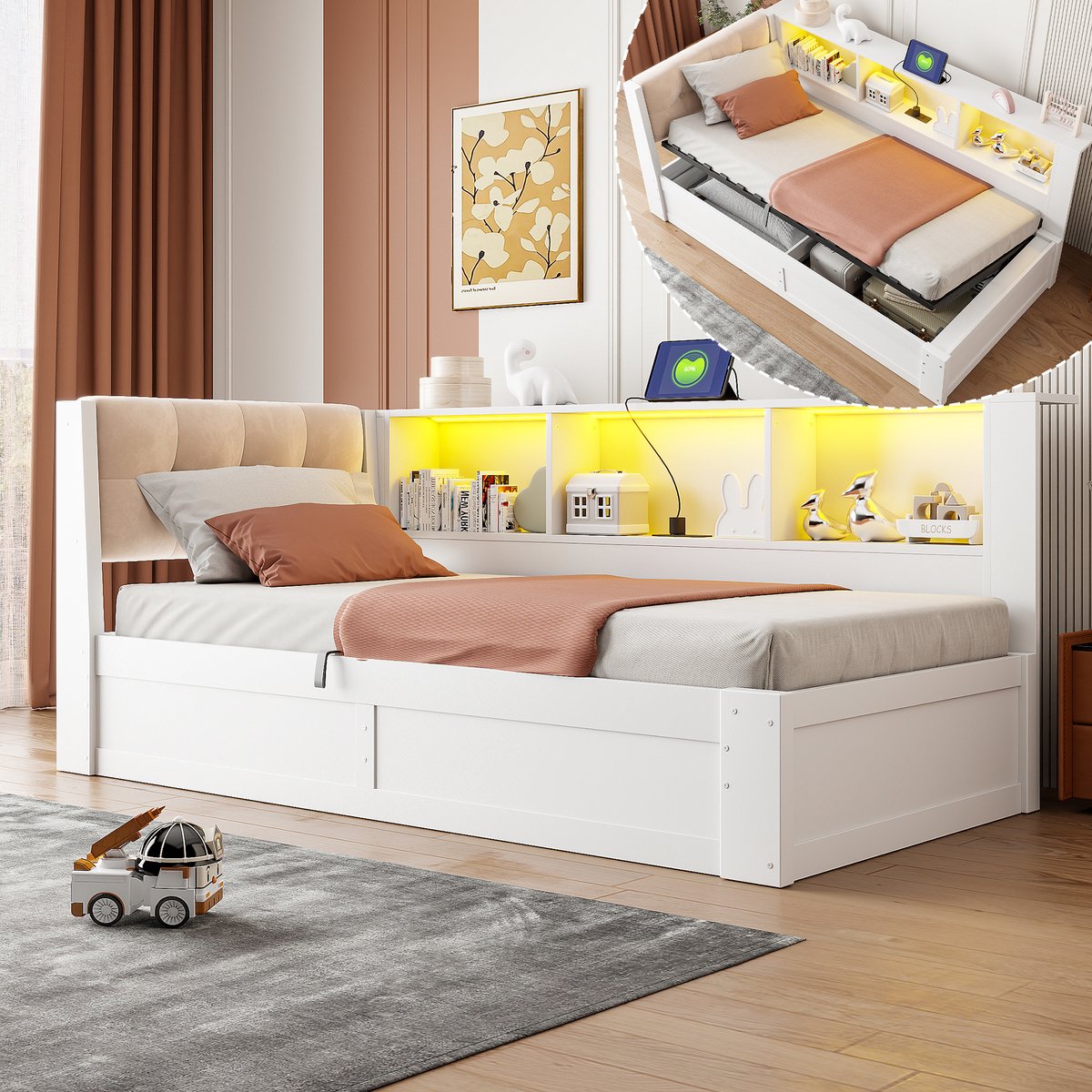 Daybed 90x200cm - Met Hydraulische Opbergruimte en LED-Verlichting - White