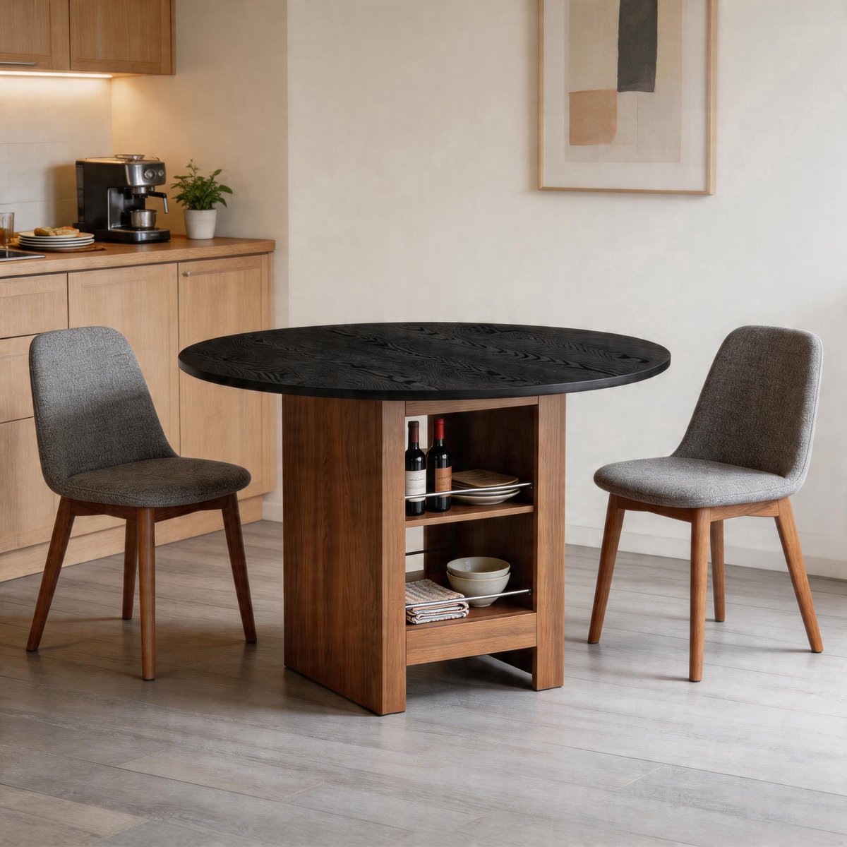 Ronde Eettafel 100cm - Moderne Tafel Met Opbergruimte - Walnoot Zwart Design