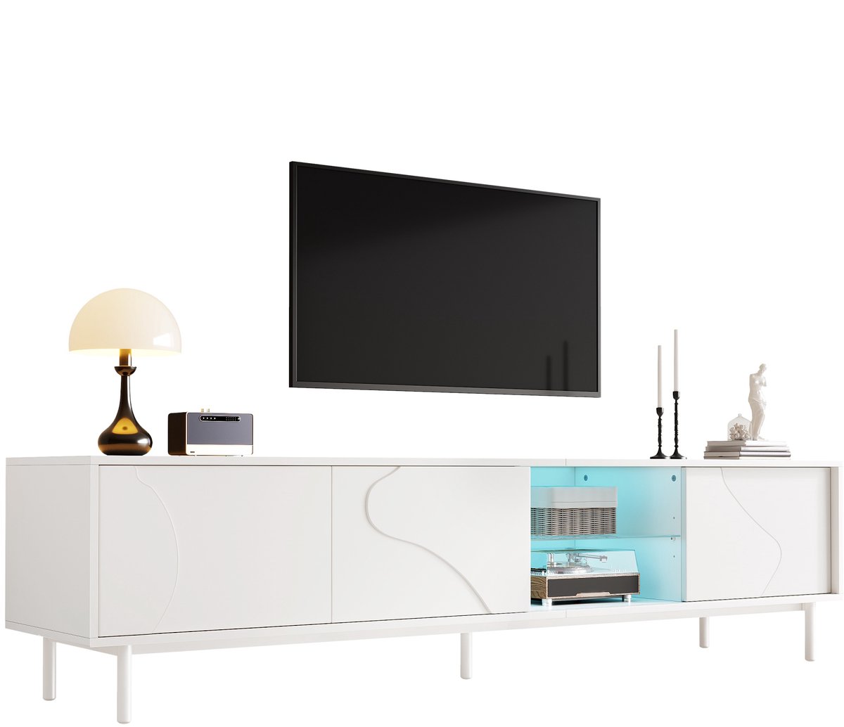 TV Meubel Wit 180 cm - TV Kast Met LED Verlichting - Zwevende Glasplanken - 3 Schuifdeuren - Moderne Woonkamer Kast