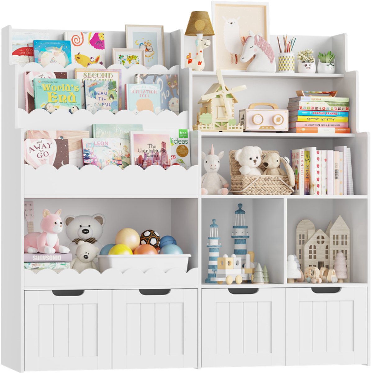 Kinderboekenkast met Speelgoedopslag – Voor Kinderkamer & Speelkamer – Met 4 Lades op Wielen en 6 Open Vakken – 3-Laags Opbergkast