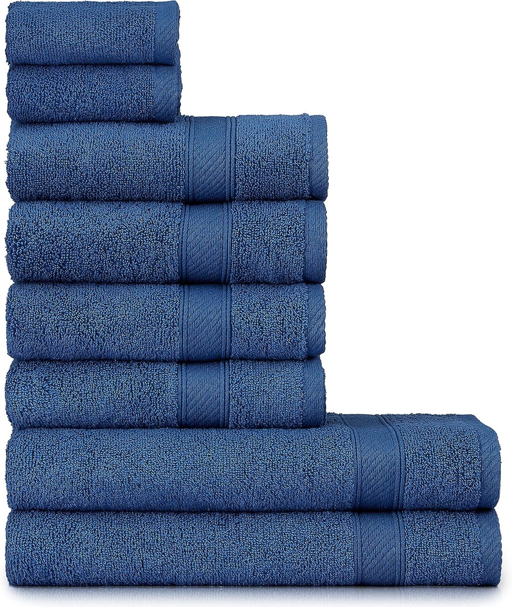 SnelShoppen - Handdoekenset donkerblauw 8-delig - 2 badhanddoeken 70x140 cm + 4 handdoeken 50x90 cm + 2 gastendoekjes 30x50 cm - 100% katoen, absorber