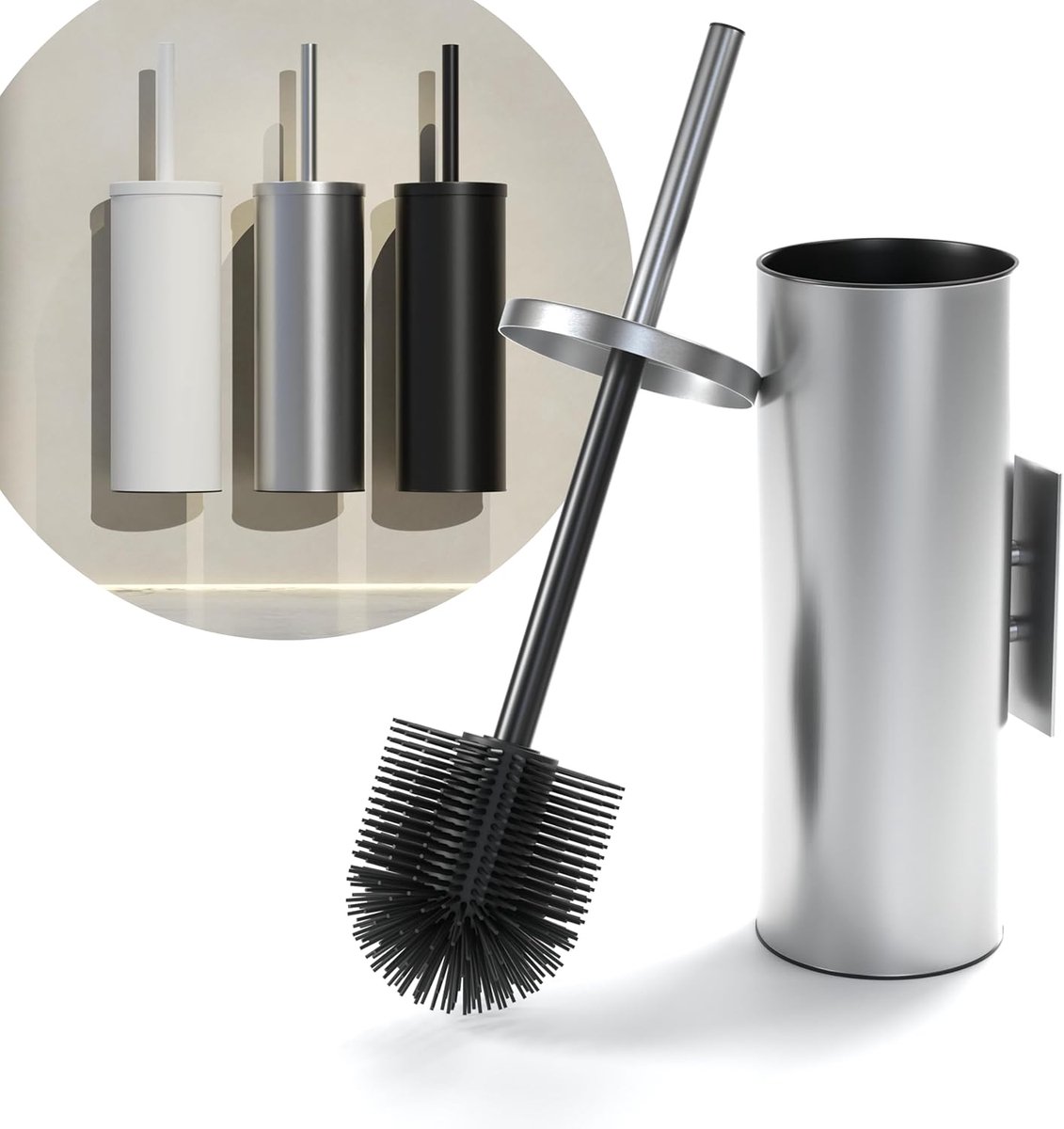 – Zwarte siliconen wc-borstel met bamboe – Ronde toiletborstel vrijstaand – WC-borstelhouder met deksel – Modern hygiënisch badkameraccessoire