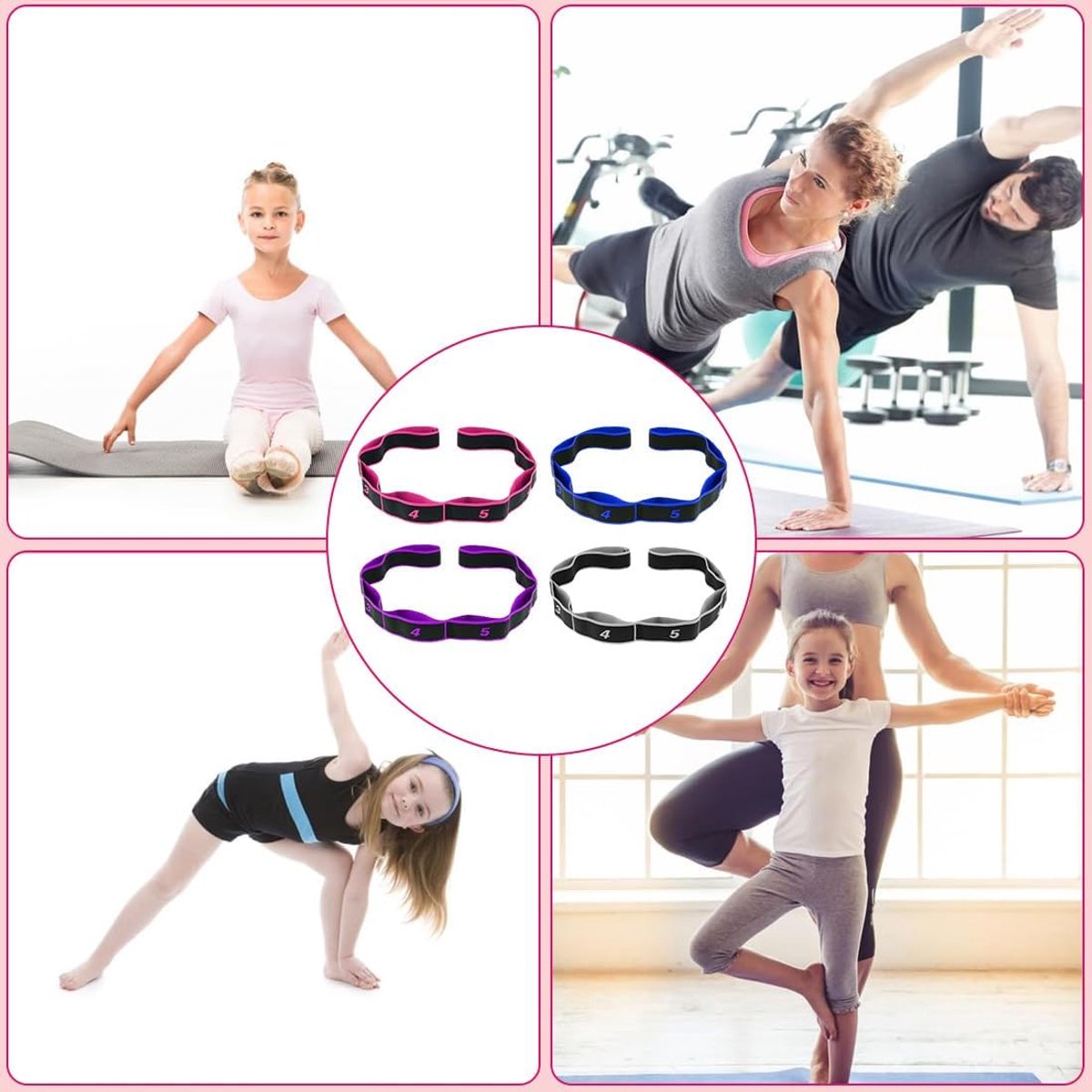 4 stuks elastische fitnessbanden, elastische fitnessbanden voor pilates met 8 vaste lussen, elastische banden, yoga-stretchband, elastische weerstandsbanden voor yoga, pilates, fitness, stretching