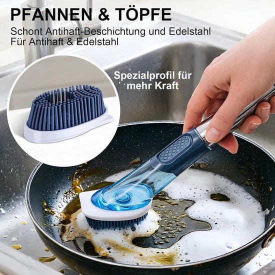 Afwasborstel met afwasmiddeldispenser, keukenborstel met ergonomische lange handgreep, 4 hoogwaardige verwisselbare koppen (nylon, siliconen, spons), afwasborstel voor spoelreiniging, pan — afbeelding 4