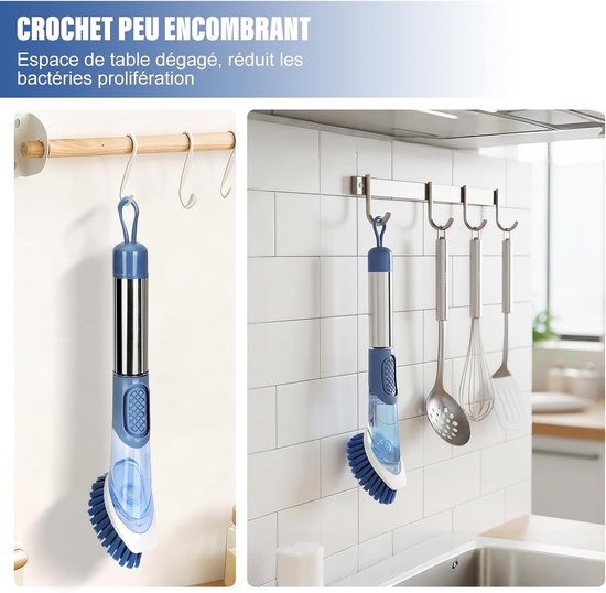 Afwasborstel met dispenser, 27 cm, afwasborstel met lange handgreep, met 4 reservekoppen, duurzaam en duurzaam, voor het reinigen van servies, potten en nog veel meer, blauw — afbeelding 4