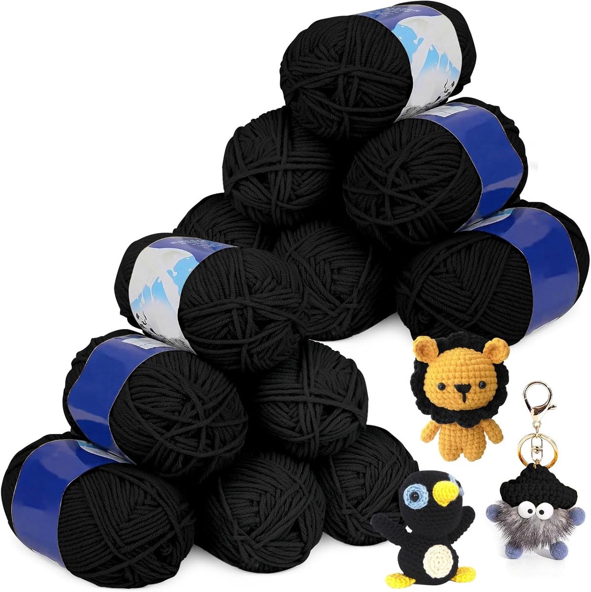 Wol voor haken, 600 g, 50 g x 12, haakwol, 5-faiding, katoen voor haken, haakgaren, wol katoen, Amigurumi wol, handbreigaren voor doe-het-zelf haken, breien en kunsthandwerk (zwart)