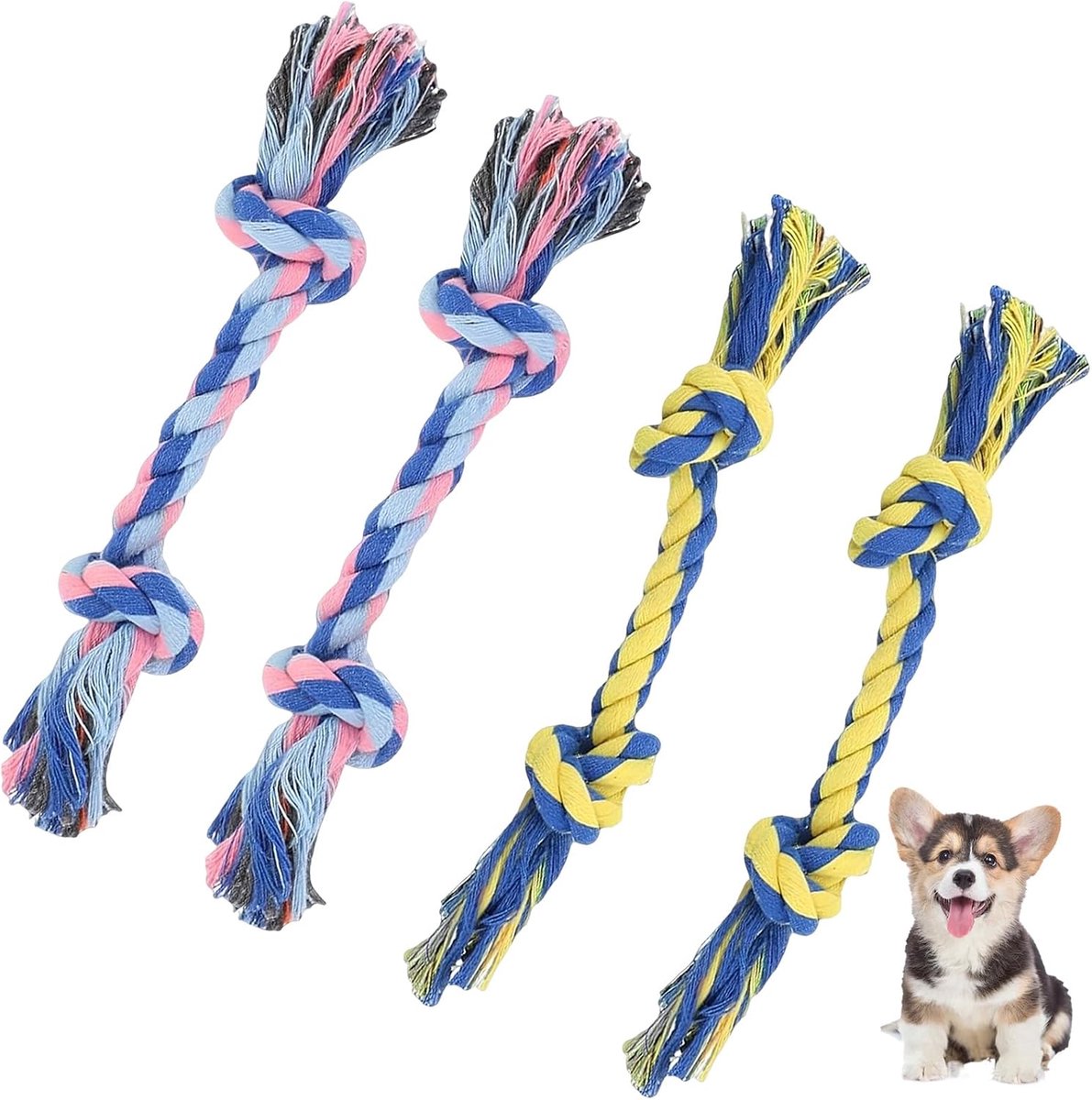 Set van 4 hondenspeelgoed, touw van katoen, 18 cm, hondenkauwspeelgoed voor kleine honden, zacht hondenspeelgoed touw met knopen voor tandverzorging en speelplezier (blauw/geel + roze/blauw)