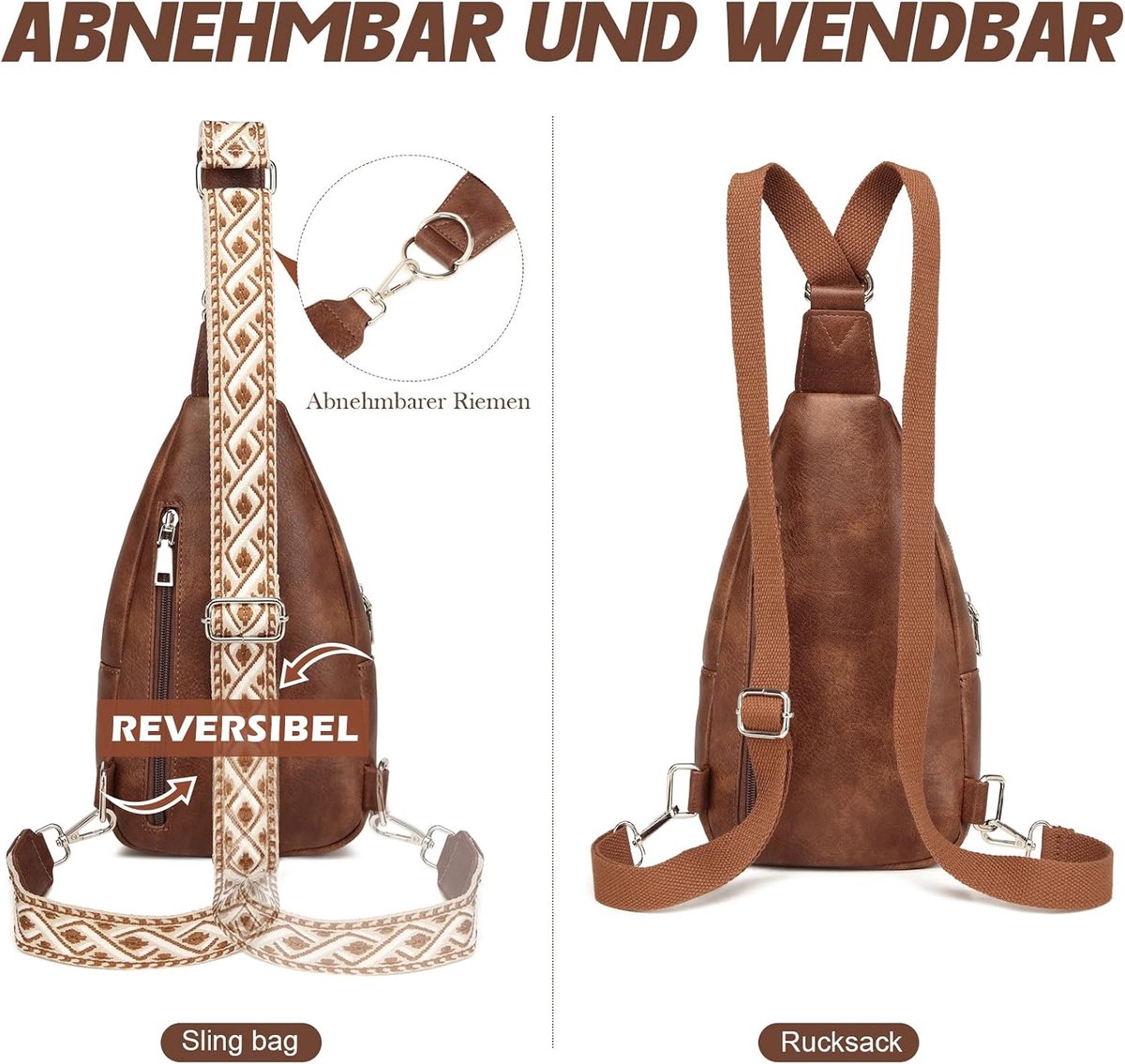 Borsttas voor dames, 2-in-1 rugzak voor dames, klein met 2 afneembare schouderbanden, PU-lederen crossbodytas, schoudertas voor dames, handtas, schoudertas, anti-diefstal