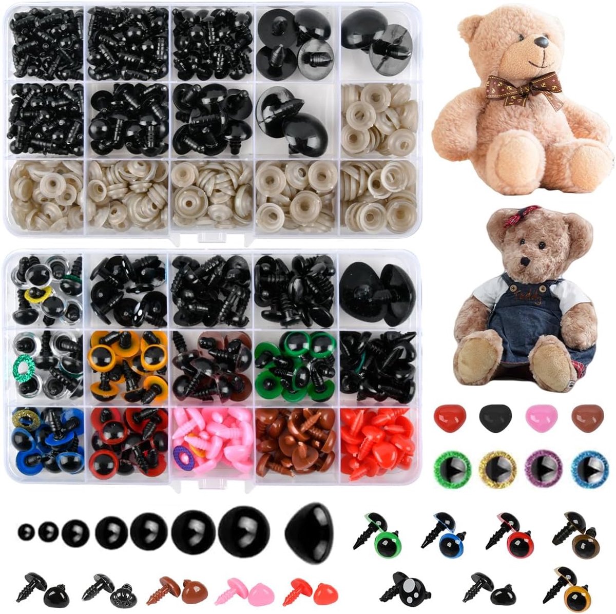688 stuks veiligheidsogen voor haakdieren, 6-27 mm, kleurrijke veiligheidszijogen en veiligheidszijneuzen, poppenogen, Amigurumi ogen met sluitringen, ogen, haakdieren voor doe-het-zelf pop