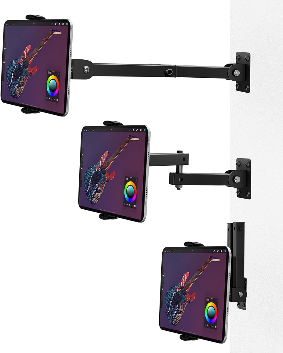 Tabletwandhouder voor 4-13 inch, 360 graden draaibaar, intrekbaar, 10-45 cm, iPad, Samsung Tab houder, muur voor zakelijk en thuis, trainen in de woonkamer en koken in de keuken (zwart)