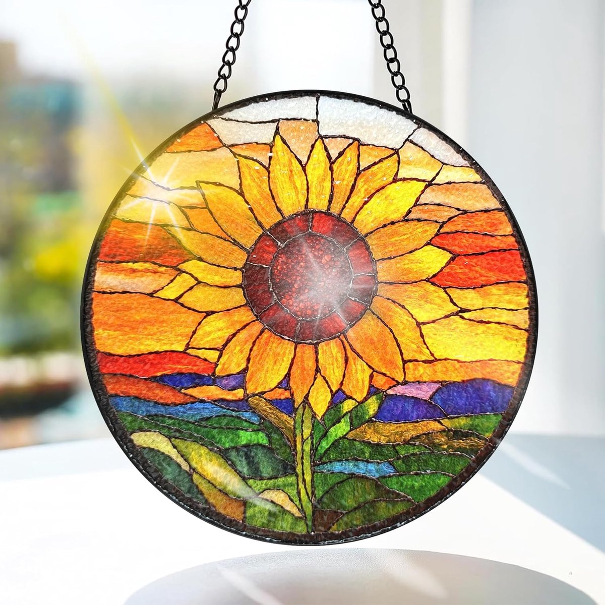 Zonnebloem Gekleurd Glas Hangend - Zonsondergang Hangende Raamdecoratie - voor Tuin, Raam en Deur, Kerst, Handgemaakte Suncatcher Decoratie 20x20 cm